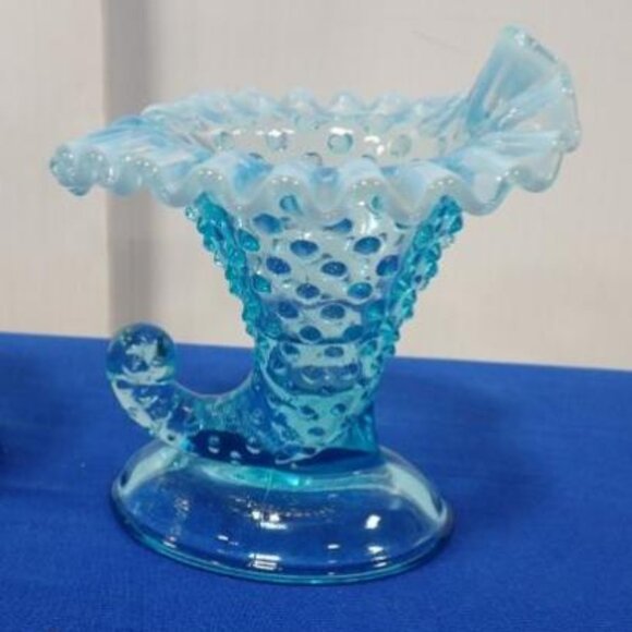 Fenton Blue Opalescent Hobnail Glass Cornucopia Horn Candleholder Vase Set of 2 - Picture 6 of 6